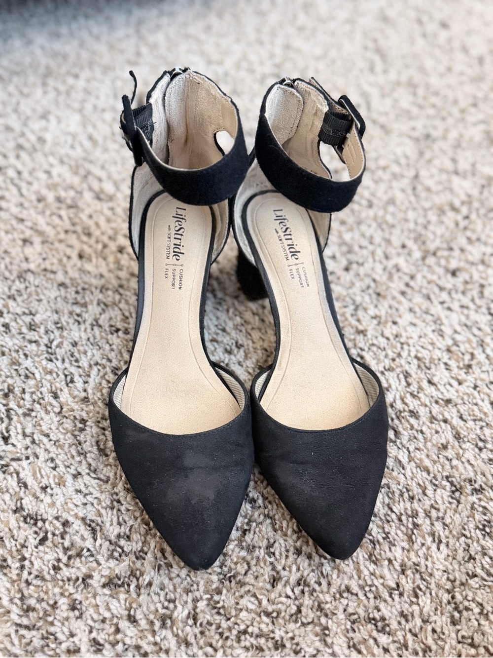 Life Stride Black Pointed-Toe Ankle-Strap Heels